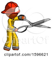Poster, Art Print Of Orange Firefighter Fireman Man Holding Giant Scissors Cutting Out Something