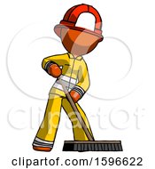 Poster, Art Print Of Orange Firefighter Fireman Man Cleaning Services Janitor Sweeping Floor With Push Broom