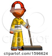 Orange Firefighter Fireman Man Standing With Industrial Broom