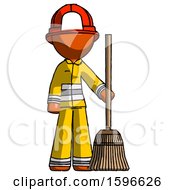 Orange Firefighter Fireman Man Standing With Broom Cleaning Services