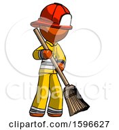 Poster, Art Print Of Orange Firefighter Fireman Man Sweeping Area With Broom