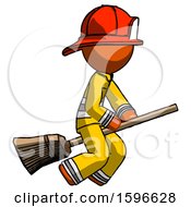 Orange Firefighter Fireman Man Flying On Broom