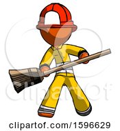 Poster, Art Print Of Orange Firefighter Fireman Man Broom Fighter Defense Pose