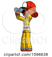 Poster, Art Print Of Orange Firefighter Fireman Man Looking Through Binoculars To The Left