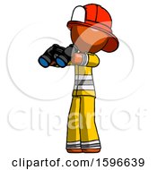 Poster, Art Print Of Orange Firefighter Fireman Man Holding Binoculars Ready To Look Left