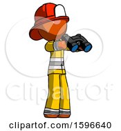 Poster, Art Print Of Orange Firefighter Fireman Man Holding Binoculars Ready To Look Right