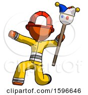 Poster, Art Print Of Orange Firefighter Fireman Man Holding Jester Staff Posing Charismatically
