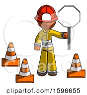 Poster, Art Print Of Orange Firefighter Fireman Man Holding Stop Sign By Traffic Cones Under Construction Concept