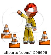 Orange Firefighter Fireman Man Standing By Traffic Cones Waving