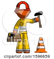 Poster, Art Print Of Orange Firefighter Fireman Man Under Construction Concept Traffic Cone And Tools