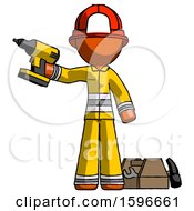 Poster, Art Print Of Orange Firefighter Fireman Man Holding Drill Ready To Work Toolchest And Tools To Right
