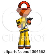 Poster, Art Print Of Orange Firefighter Fireman Man Holding Large Drill