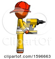 Poster, Art Print Of Orange Firefighter Fireman Man Using Drill Drilling Something On Right Side