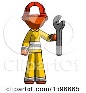 Orange Firefighter Fireman Man Holding Wrench Ready To Repair Or Work