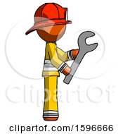 Poster, Art Print Of Orange Firefighter Fireman Man Using Wrench Adjusting Something To Right