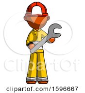 Orange Firefighter Fireman Man Holding Large Wrench With Both Hands