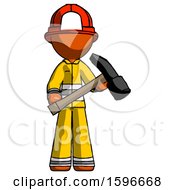 Poster, Art Print Of Orange Firefighter Fireman Man Holding Hammer Ready To Work
