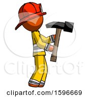 Poster, Art Print Of Orange Firefighter Fireman Man Hammering Something On The Right