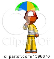 Poster, Art Print Of Orange Firefighter Fireman Man Holding Umbrella Rainbow Colored