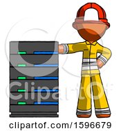 Poster, Art Print Of Orange Firefighter Fireman Man With Server Rack Leaning Confidently Against It