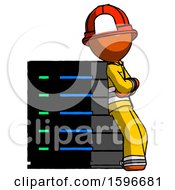 Poster, Art Print Of Orange Firefighter Fireman Man Resting Against Server Rack Viewed At Angle