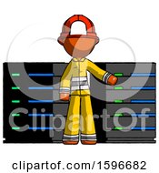 Poster, Art Print Of Orange Firefighter Fireman Man With Server Racks In Front Of Two Networked Systems