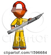 Poster, Art Print Of Orange Firefighter Fireman Man Holding Large Scalpel