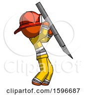 Orange Firefighter Fireman Man Stabbing Or Cutting With Scalpel