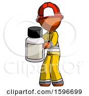 Poster, Art Print Of Orange Firefighter Fireman Man Holding White Medicine Bottle