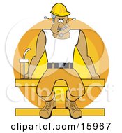 Sweaty Male Construction Worker In A Hardhat Seated On A Beam With A Water Bottle While On Break During A Hot Day