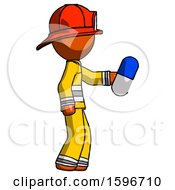 Orange Firefighter Fireman Man Holding Blue Pill Walking To Right