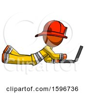 Poster, Art Print Of Orange Firefighter Fireman Man Using Laptop Computer While Lying On Floor Side View