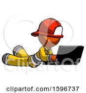 Poster, Art Print Of Orange Firefighter Fireman Man Using Laptop Computer While Lying On Floor Side Angled View