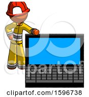 Poster, Art Print Of Orange Firefighter Fireman Man Beside Large Laptop Computer Leaning Against It