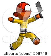 Poster, Art Print Of Orange Firefighter Fireman Man Psycho Running With Meat Cleaver