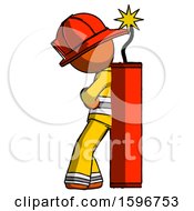 Poster, Art Print Of Orange Firefighter Fireman Man Leaning Against Dynimate Large Stick Ready To Blow