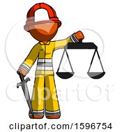 Poster, Art Print Of Orange Firefighter Fireman Man Justice Concept With Scales And Sword Justicia Derived
