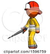 Poster, Art Print Of Orange Firefighter Fireman Man With Sword Walking Confidently