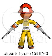 Poster, Art Print Of Orange Firefighter Fireman Man Two Sword Defense Pose