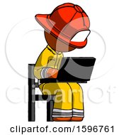 Poster, Art Print Of Orange Firefighter Fireman Man Using Laptop Computer While Sitting In Chair Angled Right