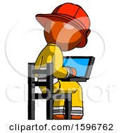 Poster, Art Print Of Orange Firefighter Fireman Man Using Laptop Computer While Sitting In Chair View From Back