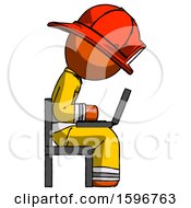 Poster, Art Print Of Orange Firefighter Fireman Man Using Laptop Computer While Sitting In Chair View From Side