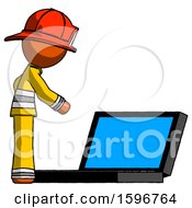 Poster, Art Print Of Orange Firefighter Fireman Man Using Large Laptop Computer Side Orthographic View