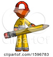 Orange Firefighter Fireman Man Writer Or Blogger Holding Large Pencil