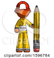 Poster, Art Print Of Orange Firefighter Fireman Man With Large Pencil Standing Ready To Write