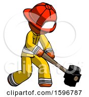 Poster, Art Print Of Orange Firefighter Fireman Man Hitting With Sledgehammer Or Smashing Something At Angle