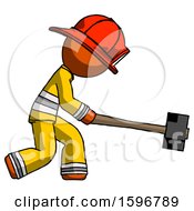 Poster, Art Print Of Orange Firefighter Fireman Man Hitting With Sledgehammer Or Smashing Something
