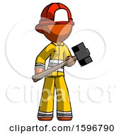 Poster, Art Print Of Orange Firefighter Fireman Man With Sledgehammer Standing Ready To Work Or Defend
