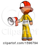 Orange Firefighter Fireman Man Holding Megaphone Bullhorn Facing Right