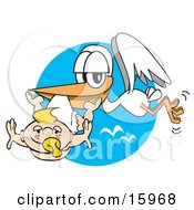 Poster, Art Print Of White Stork Carrying A Cute Blond Freckled Baby With A Pacifier In Its Mouth